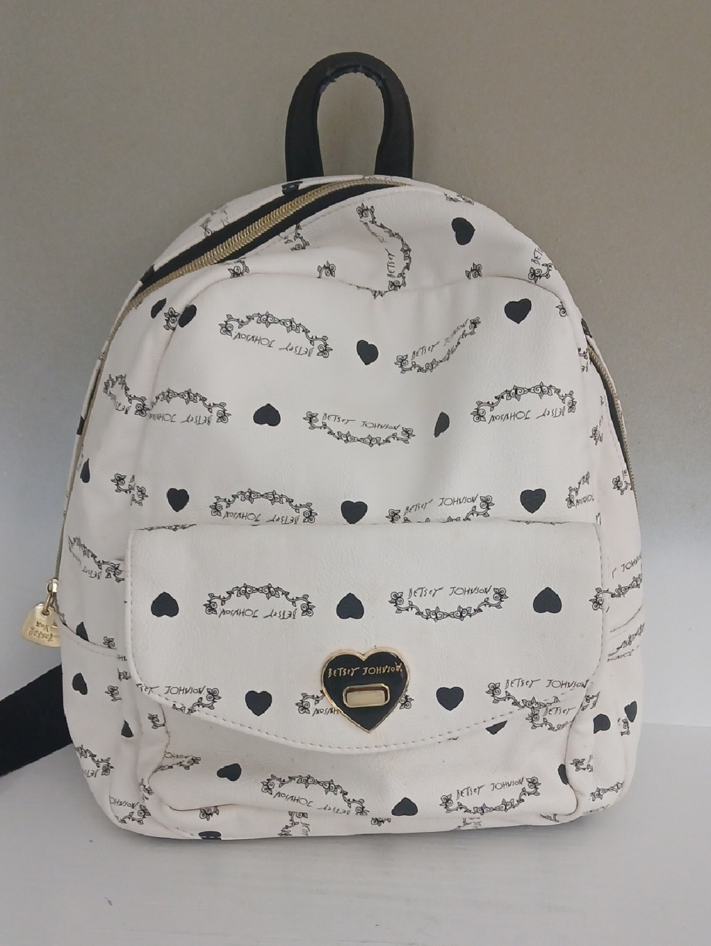 Betsey Johnson White Mini Backpack with Black Heart Print